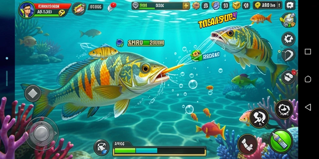 Tampilan gameplay menarik dari API66 dengan berbagai ikan dan senjata.