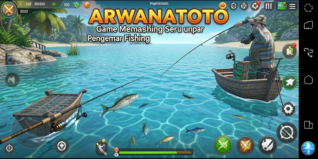Tampilan gameplay ARWANATOTO yang menyoroti pengalaman memancing yang seru.