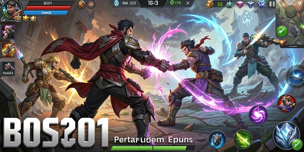Screenshot BOS01 menampilkan pertempuran tim yang intens dalam arena MOBA.