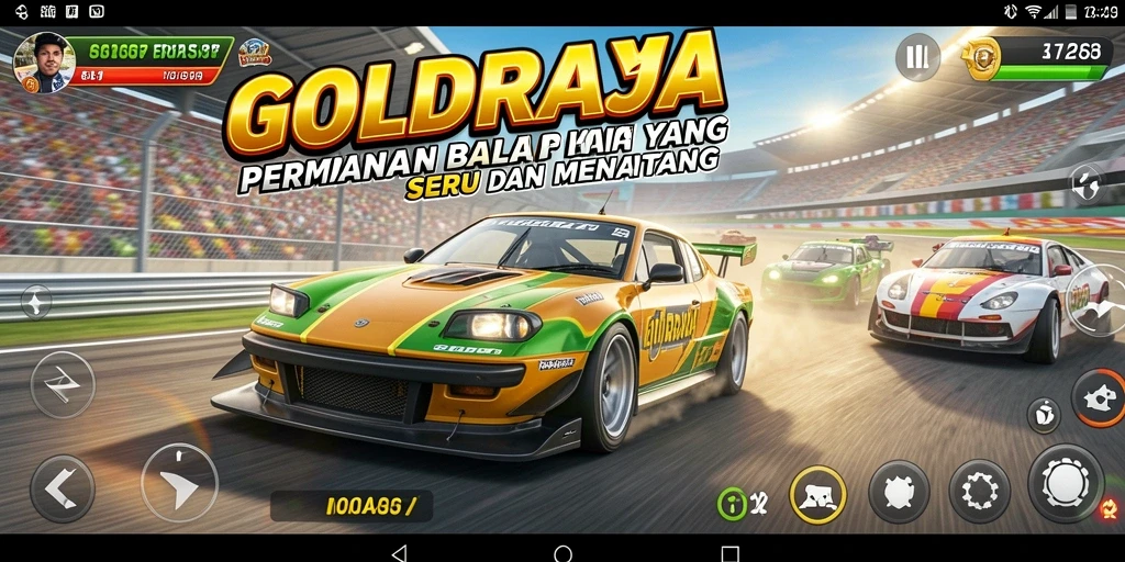 Screenshot gameplay GOLDRAJA yang menampilkan aksi balap mendebarkan.