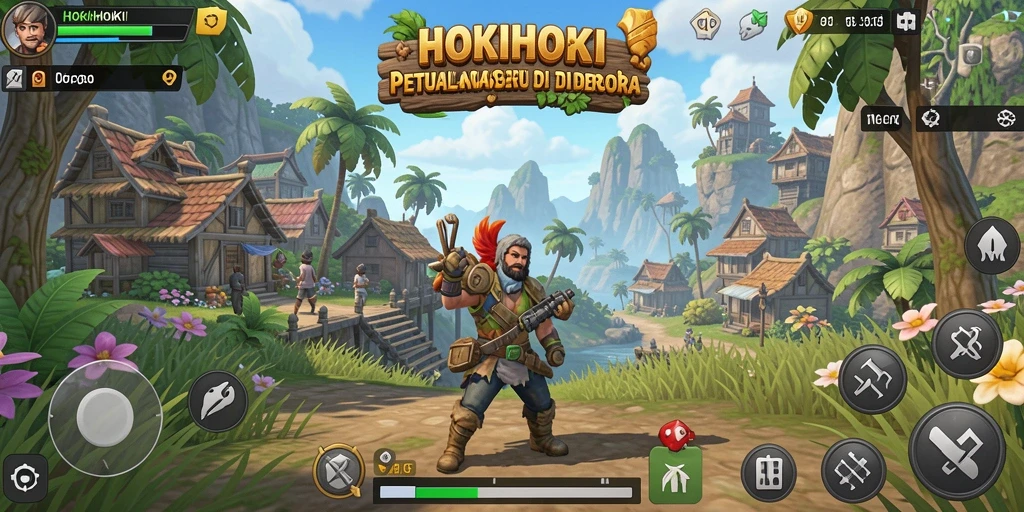 Screenshot gameplay HOKIHOKI yang menunjukkan aksi menjelajahi dunia terbuka.