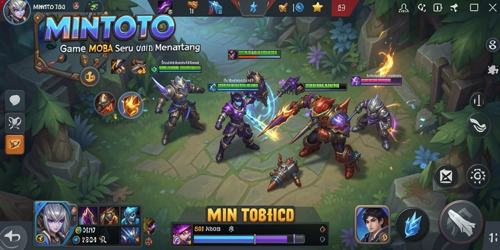 Tangkapan layar MINTOTO menampilkan pertarungan epik antara karakter di arena MOBA.