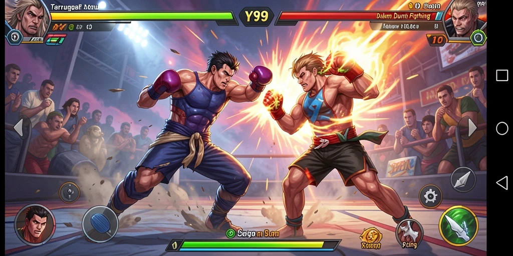 Tampilan gameplay seru dalam pertarungan Y89 dengan efek visual yang memukau.